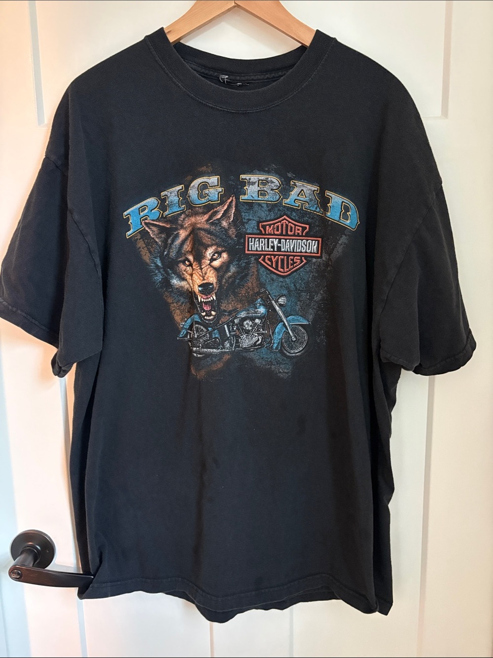 Harley-Davidson Black Tee with Blue and Brown Wolf Motorcycle Graphic